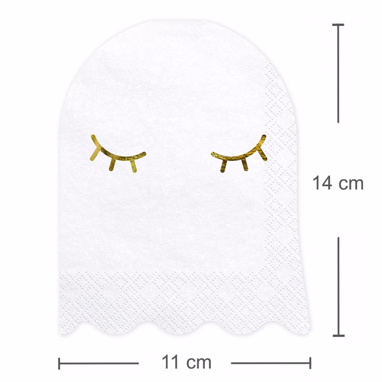 Halloween Servietten Geist Weiß Gold 20 Stück Gespenst Papierservietten SALE Tisch-Deko Party-Deko Halloween Zubehör Halloween Party Mottoparty Kindergeburtstag Halloween-Serviette in Geisterform mit Maßangaben von 11 x 14 cm im gefalteten Zustand.