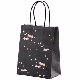 Schwarze Papier-Geschenktüte mit roségoldfarbenen Fledermäusen, Sternen und stabilen Kordelgriffen auf hellem Hintergrund.