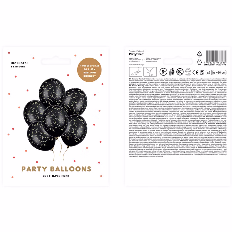 Halloween Luftballons Fledermäuse Schwarz Gold 6 Stück Ø 30 cm Partydeko Raumdeko Dekoration SALE Halloween Party Mottoparty Hexenparty Gruselparty Verpackungsabbildung des Halloween-Ballonsets mit sechs schwarzen Ballons und goldenen Fledermausmotiven.