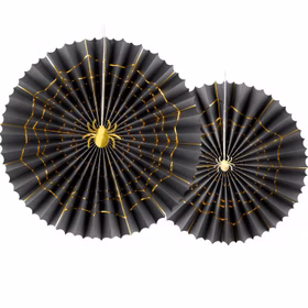 Halloween Rosetten 40 & 32 cm Schwarz Gold mit Spinnennetz & Spinne 2er Set Party-Deko Tisch-Deko SALE Halloween Mottoparty Halloween-Rosetten aus schwarzem Papier mit glänzendem Gold-Spinnennetz und Spinnenmotiv als Wanddekoration.