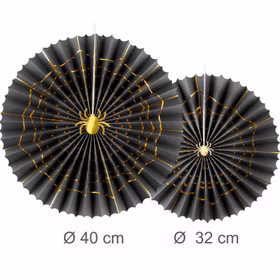Halloween Rosetten 40 & 32 cm Schwarz Gold mit Spinnennetz & Spinne 2er Set Party-Deko Tisch-Deko SALE Halloween Mottoparty Zwei schwarze Halloween-Papierrosetten mit goldfarbenem Spinnennetz und dekorativer Spinne in den Größen 40 cm und 32 cm.
