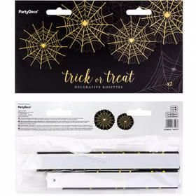 Halloween Rosetten 40 & 32 cm Schwarz Gold mit Spinnennetz & Spinne 2er Set Party-Deko Tisch-Deko SALE Halloween Mottoparty Verpackung des Halloween-Rosetten-Sets mit zwei Papierfächern in Schwarz-Gold und Spinnenmotiv.