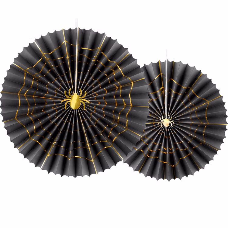Halloween Rosetten 40 & 32 cm Schwarz Gold mit Spinnennetz & Spinne 2er Set Party-Deko Tisch-Deko SALE Halloween Mottoparty Halloween-Rosetten aus schwarzem Papier mit glänzendem Gold-Spinnennetz und Spinnenmotiv als Wanddekoration.