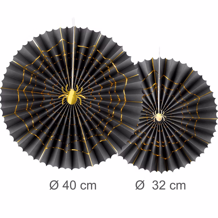 Halloween Rosetten 40 & 32 cm Schwarz Gold mit Spinnennetz & Spinne 2er Set Party-Deko Tisch-Deko SALE Halloween Mottoparty Zwei schwarze Halloween-Papierrosetten mit goldfarbenem Spinnennetz und dekorativer Spinne in den Größen 40 cm und 32 cm.
