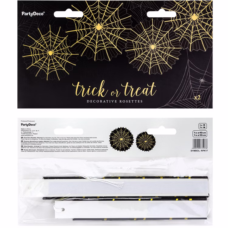 Halloween Rosetten 40 & 32 cm Schwarz Gold mit Spinnennetz & Spinne 2er Set Party-Deko Tisch-Deko SALE Halloween Mottoparty Verpackung des Halloween-Rosetten-Sets mit zwei Papierfächern in Schwarz-Gold und Spinnenmotiv.