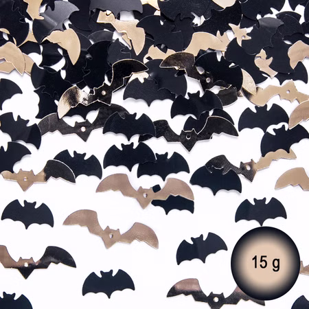 Halloween Fledermaus Konfetti Schwarz Gold 15 g Tischdeko Partydeko SALE Halloween-Party Mottoparty Hexen-Party Accessoire Fledermaus Halloween-Deko Tischdeko Schwarz-goldenes Fledermaus-Konfetti aus Papier mit etwa 500 ausgestanzten Motiven für Halloween-Tischdekorationen.