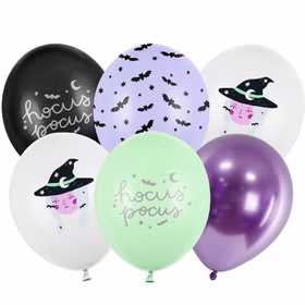 Komplettes Halloween-Ballonset mit sechs Ballons in Schwarz, Weiß, Grün und Violett mit Hexen- und Fledermausmotiven.