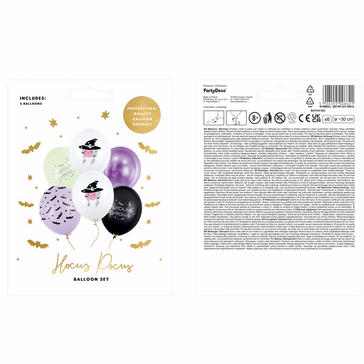 Halloween Luftballons Hexe Hocus Pocus 6 Stück Ø 30 cm Partydeko Raumdeko Dekoration SALE Halloween Party Mottoparty Hexenparty Gruselparty Verpackungsabbildung des Halloween-Ballonsets mit sechs Latexballons und verschiedenen Halloween-Motiven.