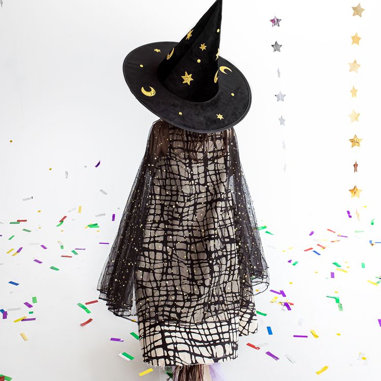 Halloween Umhang schwarz mit Gold-Schimmer für Kinder 3-7 Jahre Kostüm-Zubehör Feen-Umhang Fasching Karneval Mottoparty Kinder-Geburtstag Rollenspiel