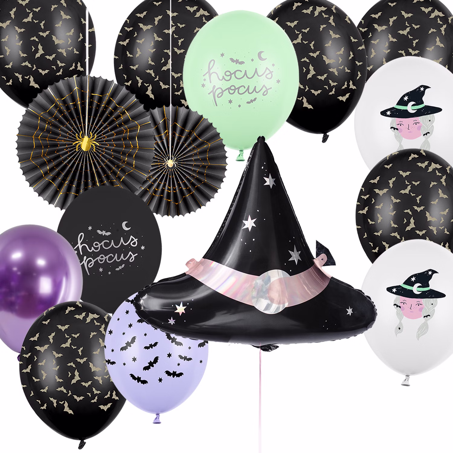Halloween Luftballon Set Hexenhut Gesamtansicht Halloween Deko-Set mit schwarzem Hexenhut-Folienballon, bunten Motivballons, Fledermaus-Ballons und zwei Spinnen-Rosetten. Bild 4