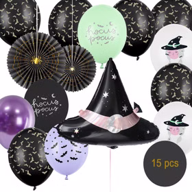 Halloween Party Set Hexenhut Spiders and Bats 15 Teile 15-teiliges Halloween Party-Set mit großem Hexenhut-Folienballon, Fledermaus-Ballons, Motivballons und zwei Rosetten.