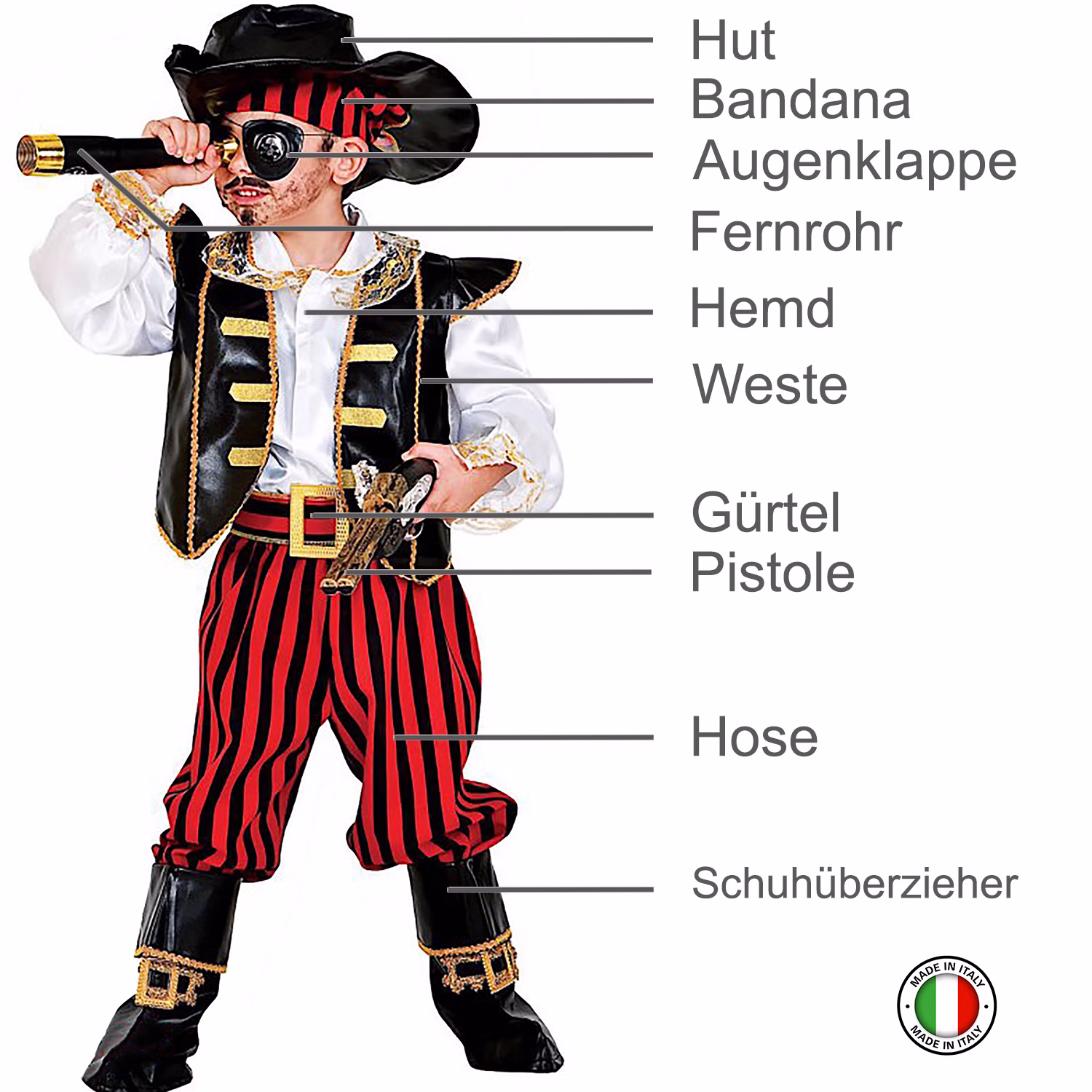 Ausstattung des Piratenkostüms Philippe Deluxe Übersicht des Piratenkostüms mit Beschriftungen für Hut, Bandana, Augenklappe, Fernrohr, Hemd, Weste, Gürtel, Spielzeugpistole, Hose und Schuhüberzieher.