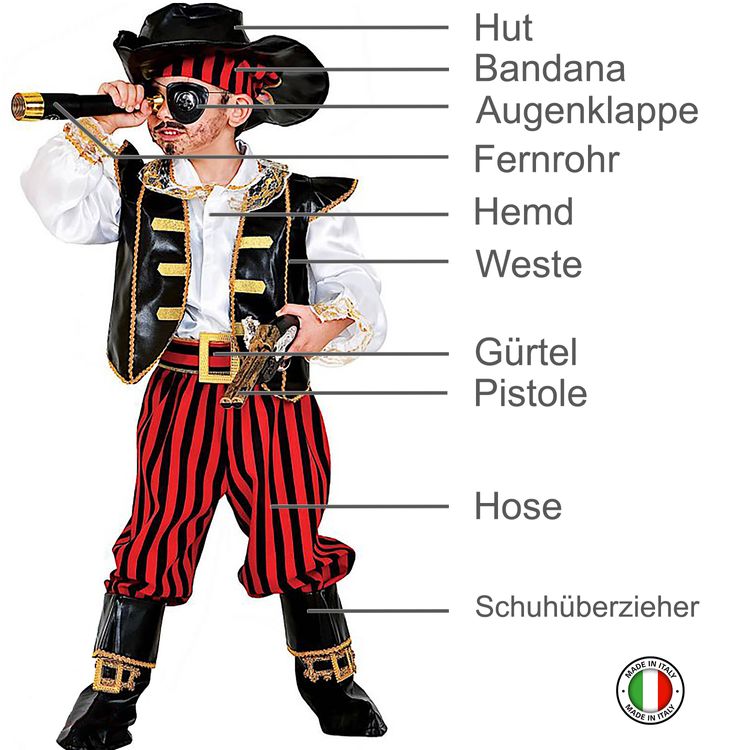 Piraten Kostüm Seeräuber Philippe Deluxe inkl. Zubehör für Kinder 4-8 Jahre Augenklappe Fernrohr Pistole Piraten-Abzeichen Fasching Karneval Mottoparty Kindergeburtstag