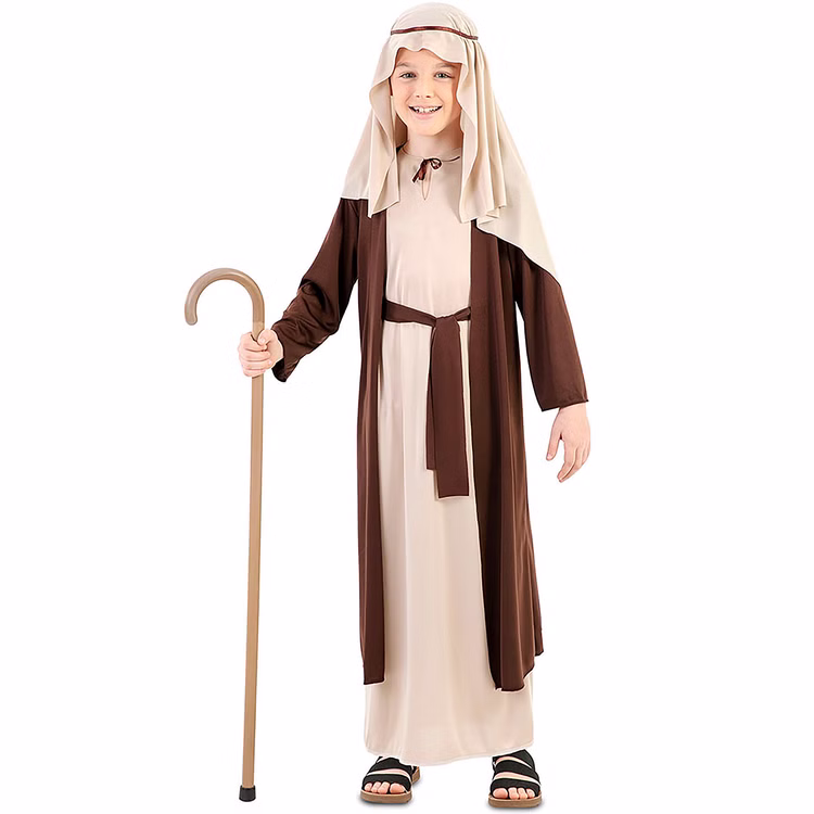 Krippenspiel Kostüm Josef für Kinder 5-12 Jahre Weihnachten Krippenspiel Weihnachten Märchen 1001 Nacht Fasching Karneval Kindertheater Mottoparty Krippenspiel Kostüm Josef für Kinder mit Wanderstock in der rechten Hand von Vorne