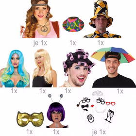Übersicht des Fotobox-Requisiten-Sets mit drei Perücken, Bierhut, Schirm-Hut, Augenmaske, Schmuck und Party-Accessoires.