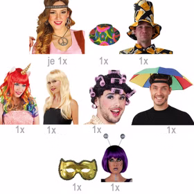 Übersicht des Fotobox-Requisiten-Sets mit drei Perücken, Bierhut, Schirm-Hut, Augenmaske, Schmuck und Party-Accessoires.