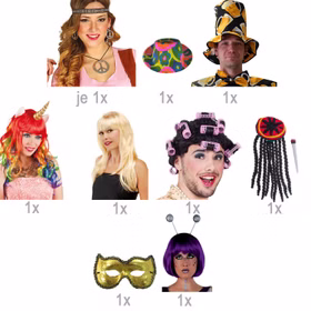 Fotobox Kostüm-Zubehör Hochzeit Geburtstag 12-tlg. Party-Spaß Perücken Hüte Augenmaske Brille Haarreifen Kette Ohrringe Accessoires Mottoparty Übersicht über die Accessoires nach Menge