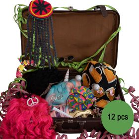Übersicht über die Einzelteile in einem braunen Koffer mit dem Hinweis, dass es insgesamt 12 Accessoires sind