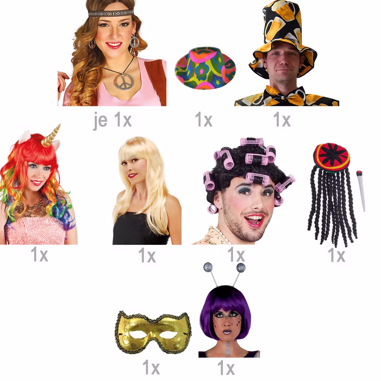 Fotobox Kostüm-Zubehör Hochzeit Geburtstag 12-tlg. Party-Spaß Perücken Hüte Augenmaske Brille Haarreifen Kette Ohrringe Accessoires Mottoparty Übersicht über die Accessoires nach Menge