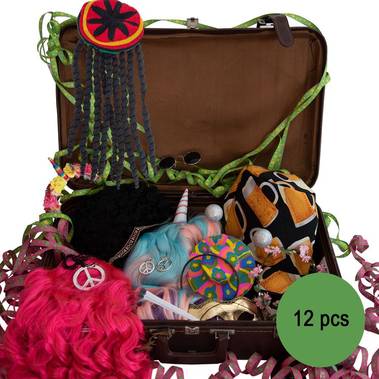 Übersicht über die Einzelteile in einem braunen Koffer mit dem Hinweis, dass es insgesamt 12 Accessoires sind