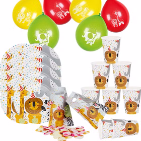 Safari Party Set 32 teilig Gesamtansicht Safari Party-Set mit Tier-Tellern, Bechern, Mitgebsel-Tüten und bunten Luftballons mit Löwe, Elefant, Giraffe und Zebra.