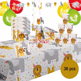 Safari Elefant Löwe & Co. Party-Set Kindergeburtstag, 36-tlg. Geburtstag Deko Tischdeko Dschungel Party-Deko Mottoparty Fasching Schuleingang Luftballons Übersicht Party-Set Safari für Kinder gedeckter Tisch