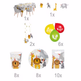 Safari Elefant Löwe & Co. Party-Set Kindergeburtstag, 36-tlg. Geburtstag Deko Tischdeko Dschungel Party-Deko Mottoparty Fasching Schuleingang Luftballons Übersicht über den Inhalt des Party-Sets