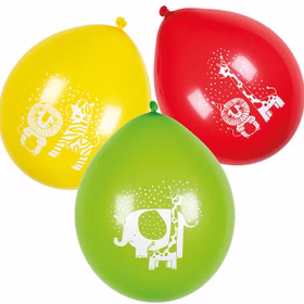 Safari Elefant Löwe & Co. Party-Set Kindergeburtstag, 36-tlg. Geburtstag Deko Tischdeko Dschungel Party-Deko Mottoparty Fasching Schuleingang Luftballons Luftballons Party-Set Safari in den Farben Gelb Grün und Rot von Vorne