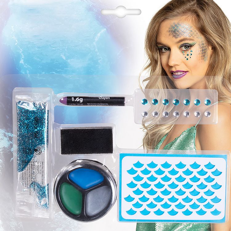 Meerjungfrau Schmink-Set 6-tlg. Make-Up inkl. Schablone und Glitter Kostüm-Zubehör Nixe Neptunfest Gesichter schminken für Erwachsene und Kinder Kinderschminken Fasching Karneval Mottoparty