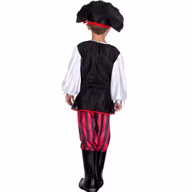 Rückansicht des Piraten Kostüms für Kinder mit schwarzem Oberteil, rot-schwarz gestreifter Hose, Stiefelstulpen und Piratenhut.