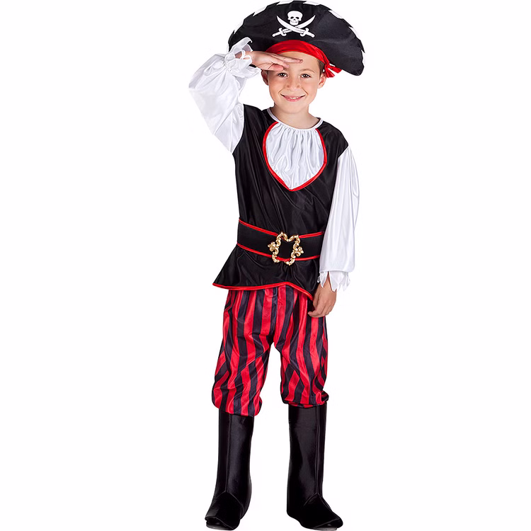 Piraten Kostüm Tom Kinder Vorderansicht Vierteiliges Piraten Kostüm für Kinder mit schwarz-weißem Oberteil, gestreifter Hose, Gürtel, Stiefelstulpen und Totenkopf-Hut.