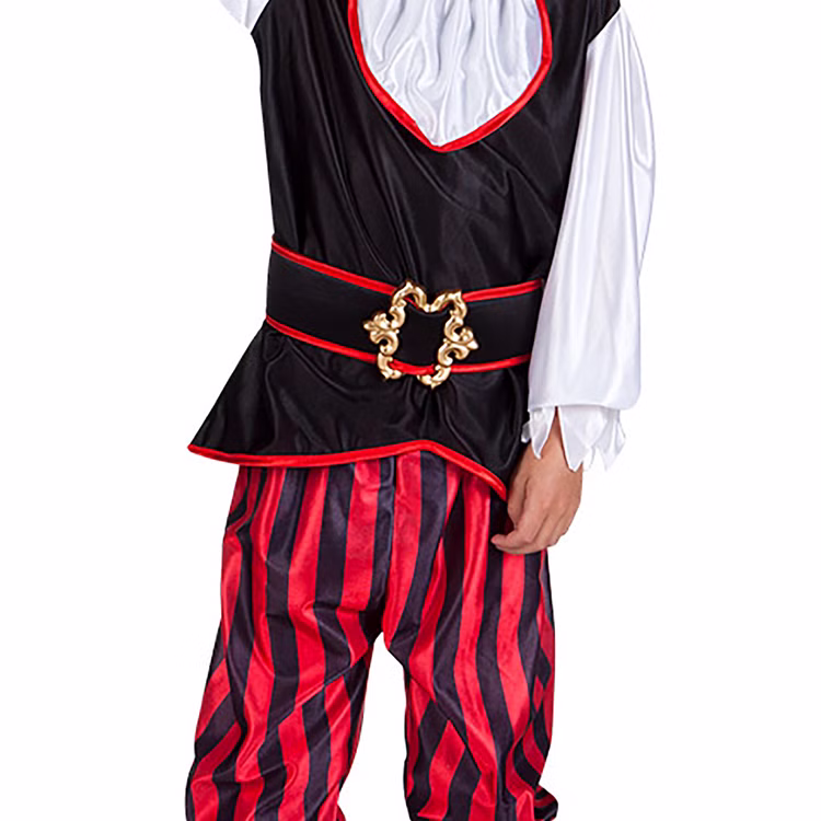 Piraten Kostüm Kinder Gürtel und Hose Detail Detailansicht des Piratenkostüms für Kinder mit schwarzem Gürtel, goldfarbener Schnalle und rot-schwarz gestreifter Hose.