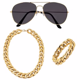 Pimp Kostüm Zubehör-Set Bling Bling Halskette Armband und Brille für Herren Prolet Rapper Accessoire 80er Jahre Mottoparty Fasching Karneval Kostüm-Zubehör