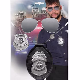 Polizei Kostüm-Zubehör Set Brille Halskette & Polizeimarke für Erwachsene Accessoire Polizist Berufe Fasching Karneval Mottoparty