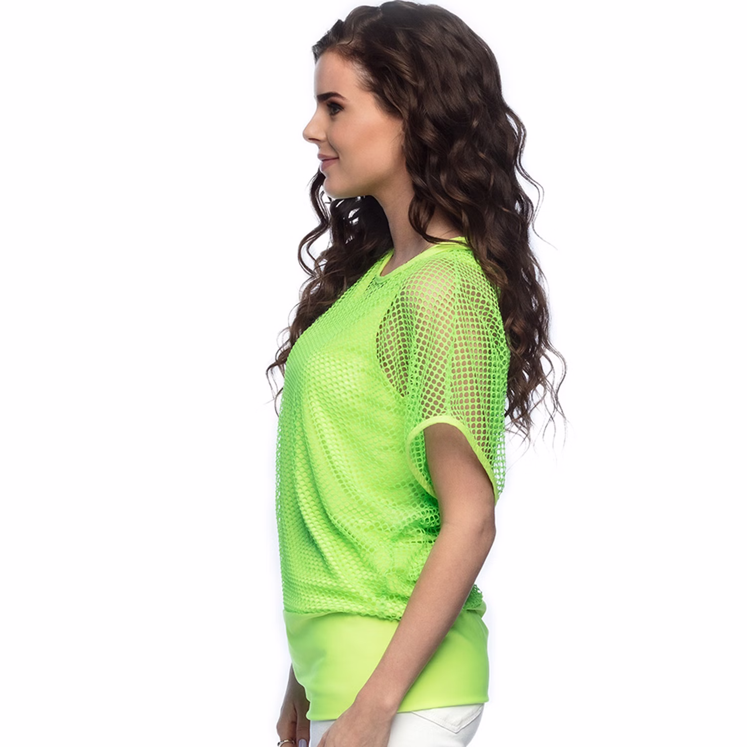 Neon Netzshirt Damen Seitenansicht Seitenansicht des neongrünen Netzshirts mit kurzen weiten Ärmeln und passendem Top als Retro-Kostüm für Damen in Größe M/L.
