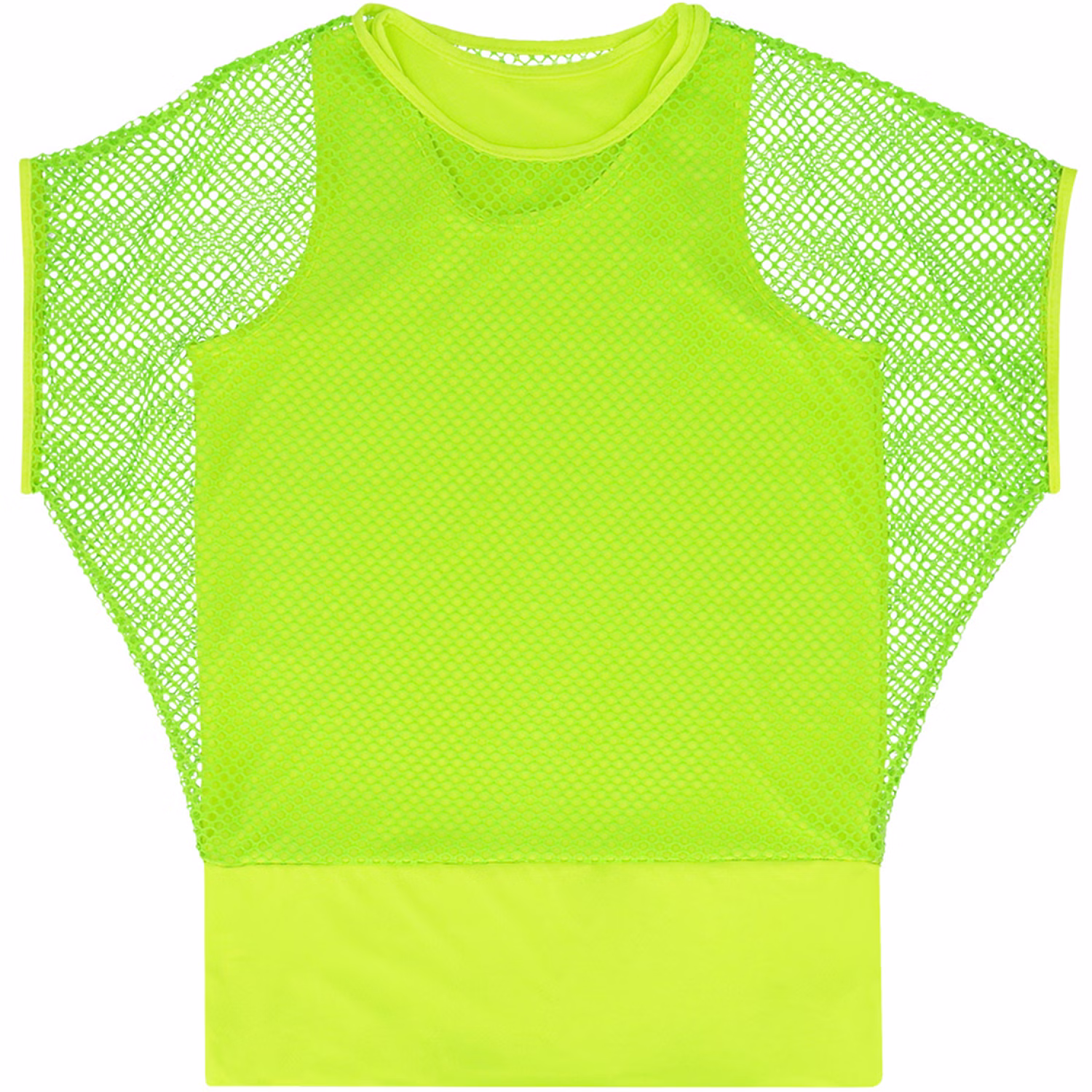Neon Netzshirt mit Top grün Produktansicht Neongrünes Netzshirt mit passendem ärmellosem Top und breitem Saum als zweiteiliges Retro-Oberteil für Damen in Einheitsgröße.