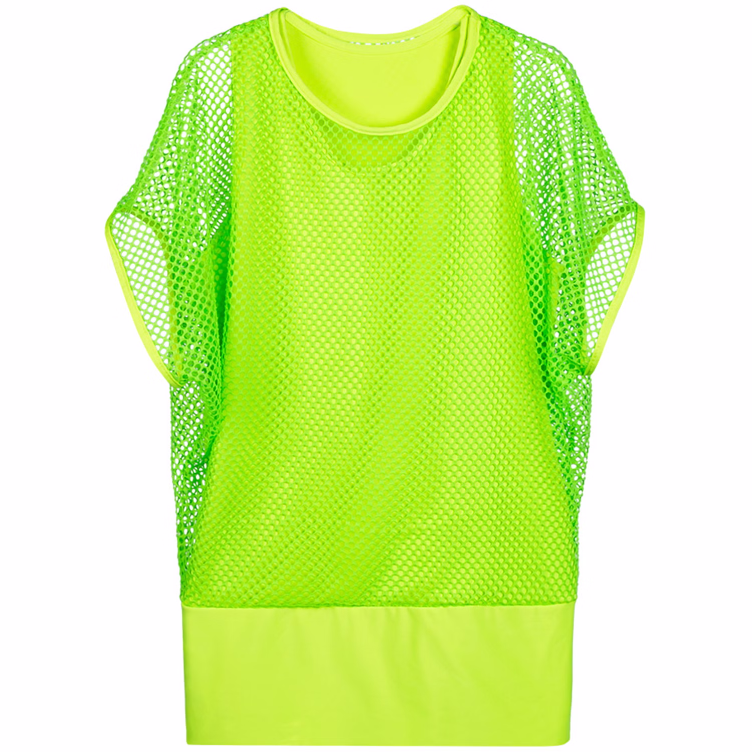 Neon Netzoberteil grün Damen Locker geschnittenes neongrünes Netzoberteil mit Rundhalsausschnitt, kurzen Ärmeln und passendem Top für Neon- und Bad-Taste-Partys.