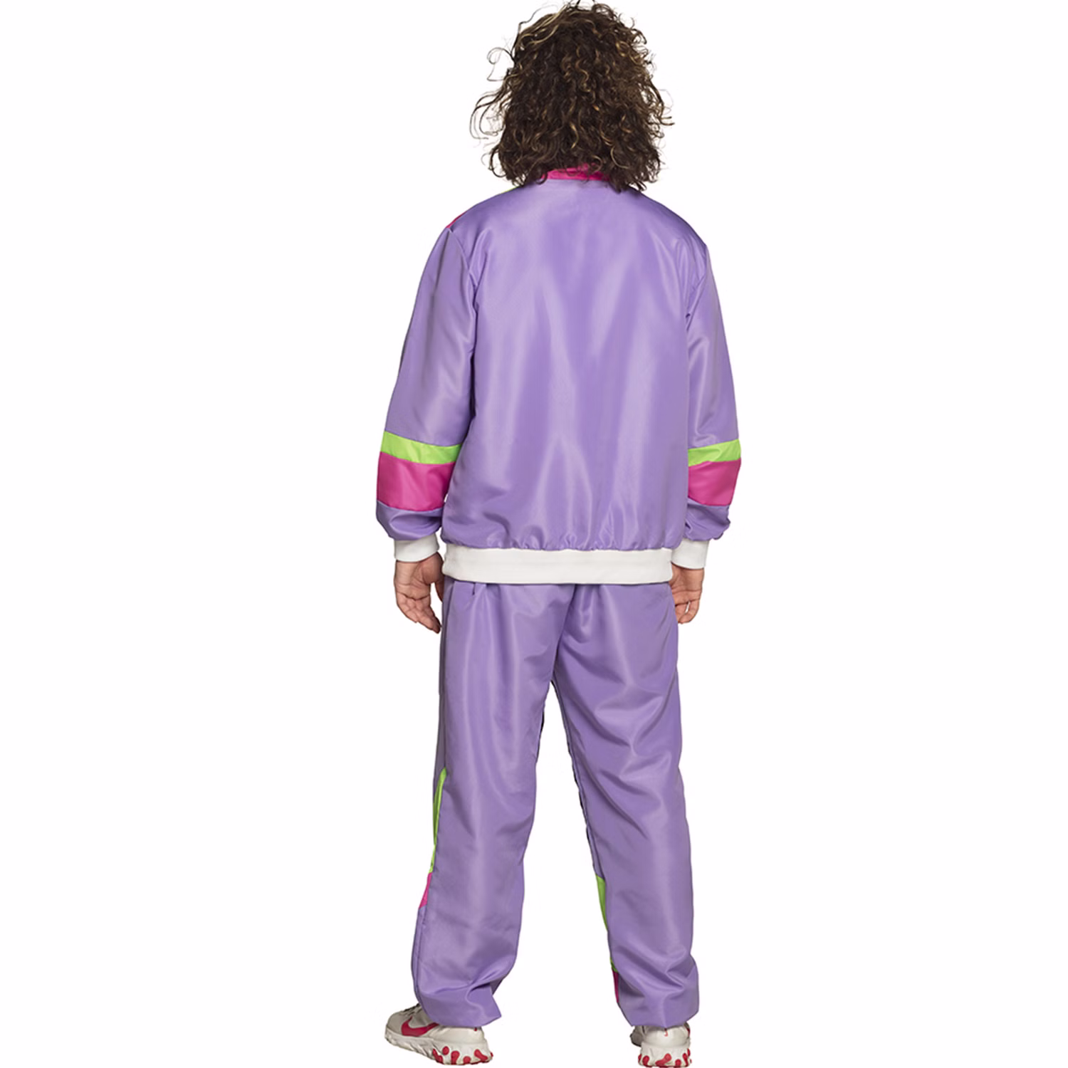 Rückansicht des lila Trainingsanzug-Kostüms für Herren mit Neonstreifen an den Ärmeln und farbigen Einsätzen an der Hose.
