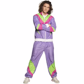 Lila 90er-Jahre-Jogginganzug für Herren mit neonpinken und neongrünen Einsätzen, weißem Reißverschluss und Bündchen.