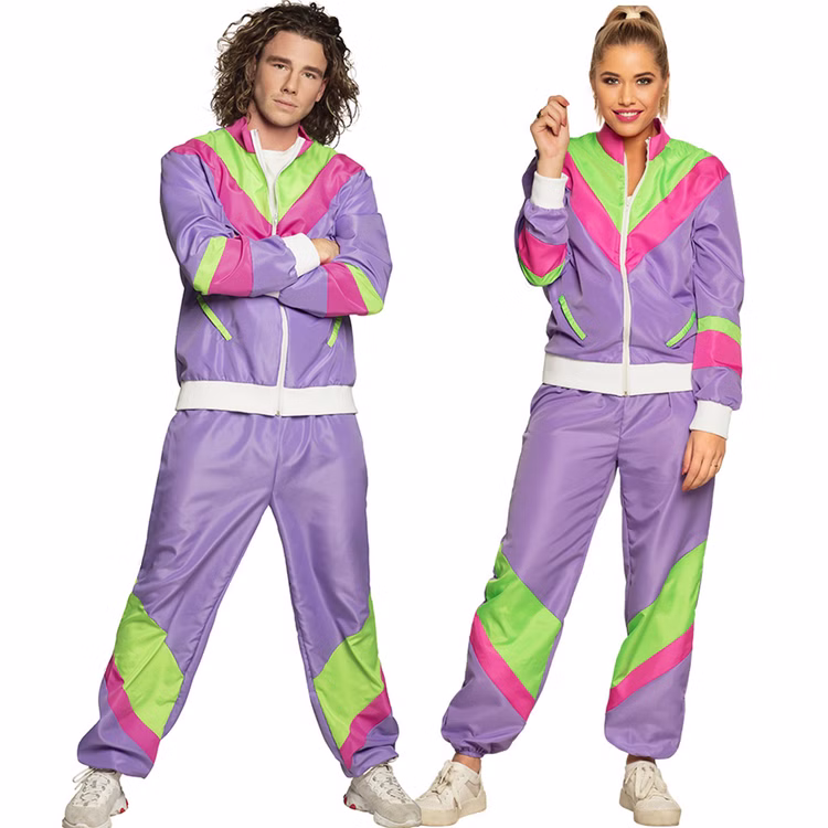 Lila Jogginganzug Kostüm für Damen und Herren Farblich abgestimmte Trainingsanzug-Kostüme für Damen und Herren in Lila, Neonpink und Neongrün für Retro-Mottopartys.