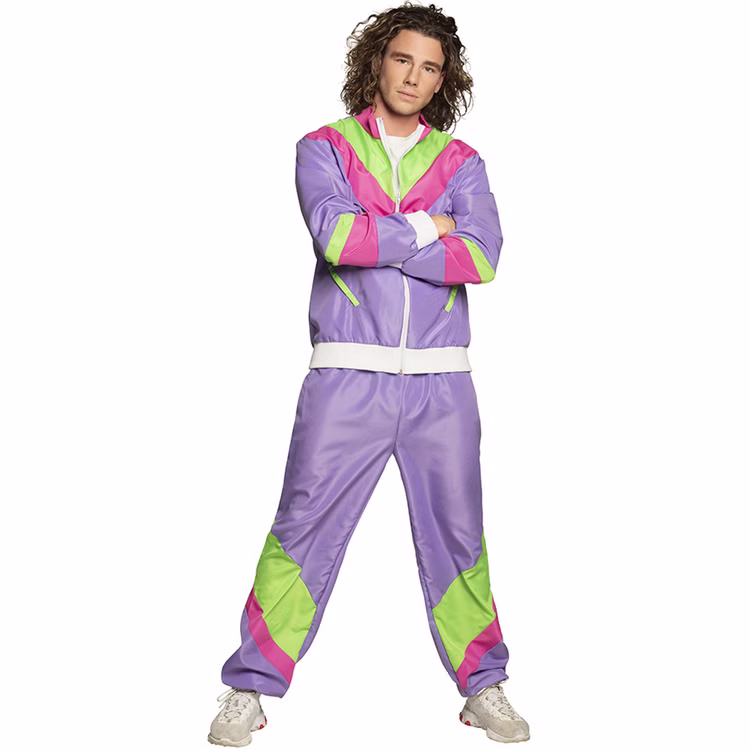 0er Jahre Jogginganzug Herren Vorderansicht Lila 90er-Jahre-Jogginganzug für Herren mit neonpinken und neongrünen Einsätzen, weißem Reißverschluss und Bündchen.