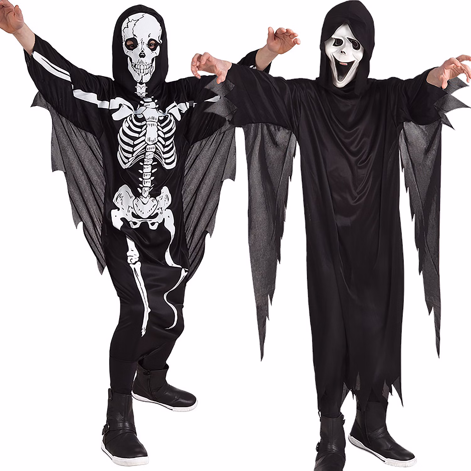 Skelett und Geister Kostüm Halloween Gruppenkostüm Skelett Kostüm Mr. Scary und schwarzes Geisterkostüm als gruselige Verkleidung für Halloween und gemeinsame Mottopartys.