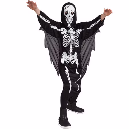 Skelett Kostüm Mr Scary Kinder Vorderansicht Schwarzes Skelett Kostüm Mr. Scary für Kinder mit weißem Knochenmotiv, Schädelmaske und gezackten Fledermausflügeln.