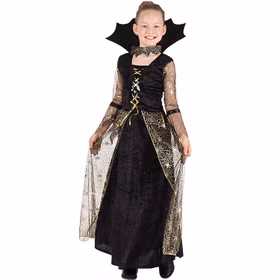 Schwarz-goldenes Spiderella Hexenkostüm für Kinder mit langem Kleid, Spinnennetzärmeln, Schnürung und hohem Stehkragen.