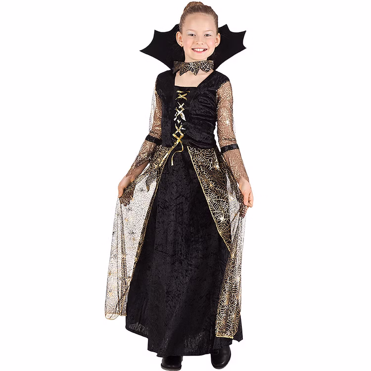 Hexen Kostüm Spiderella Kinder Vorderansicht Schwarz-goldenes Spiderella Hexenkostüm für Kinder mit langem Kleid, Spinnennetzärmeln, Schnürung und hohem Stehkragen.