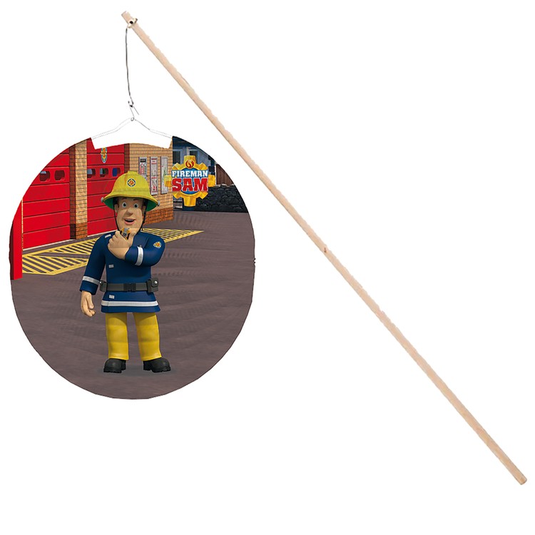 Feuerwehrmann Sam Lampion 25 cm inkl. Laternenstab aus Holz mit LED-Licht Lampionumzug St. Martin Laternenumzug Kindergeburtstag Kinderfasching Halloween