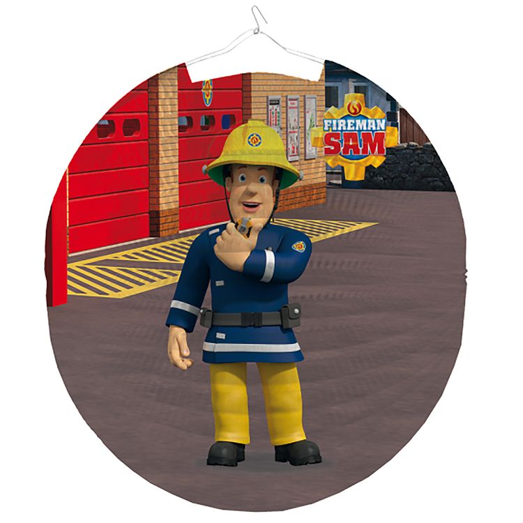 Feuerwehrmann Sam Lampion 25 cm inkl. Laternenstab aus Holz mit LED-Licht Lampionumzug St. Martin Laternenumzug Kindergeburtstag Kinderfasching Halloween