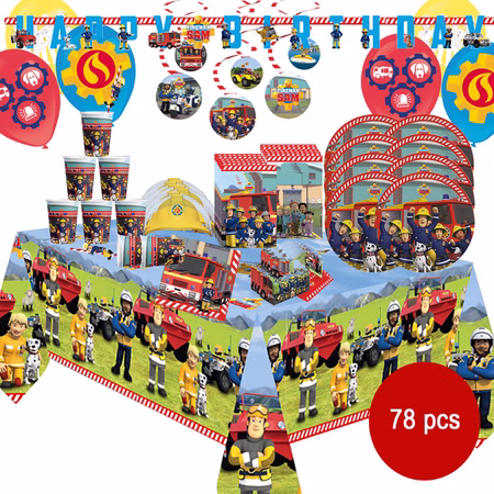 Feuerwehrmann Sam XXL Party Set 78 Teile Gesamtübersicht Übersicht des großen Feuerwehrmann Sam Party-Sets mit Tischdekoration, Raumdekoration und verschiedenen Partyaccessoires.