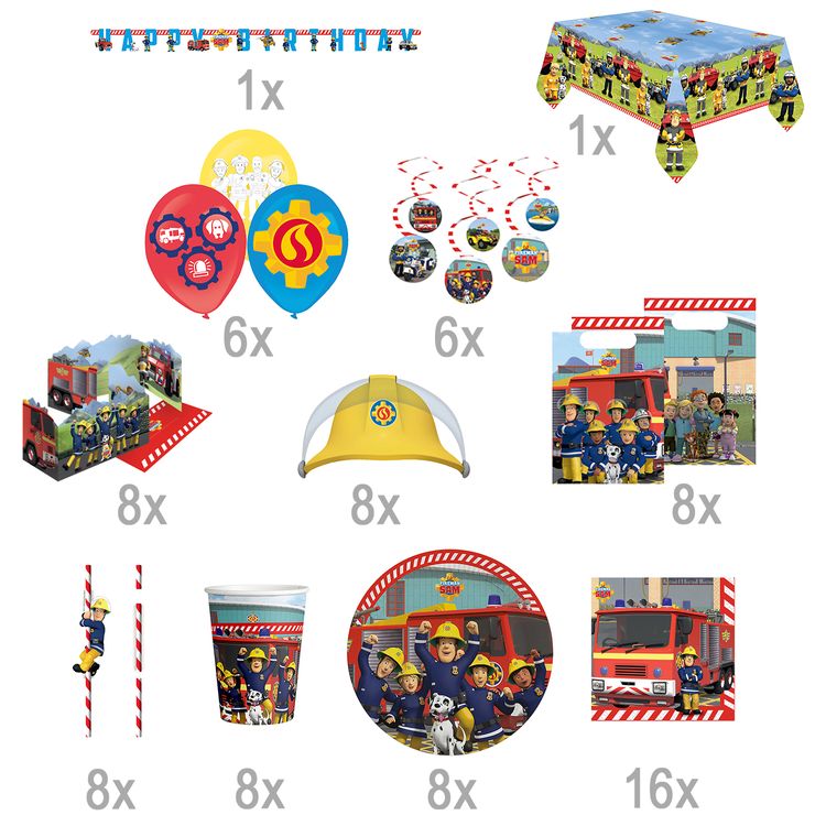 XXL Feuerwehrmann Sam Party-Set Kindergeburtstag 78-tlg. Party-Deko Tisch-Deko Geburtstag Mottoparty Kinderfasching Feuerwehr Serien-Held