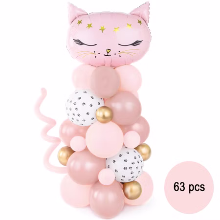 Katzen Ballongirlande Rosa 63-tlg. 83x140 cm Geburtstagsdeko Kinder Geburtstag Party-Deko Ballon Dekoration Kinder-Geburtstag Mottoparty Katzen-Ballon Bouquet Rosa Katzen-Ballongirlande mit niedlichem Katzenkopf, goldenen Sternen und Ballons in Rosa, Weiß und Gold als Kindergeburtstagsdekoration.